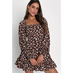 Lulus Coy Charm Brown Floral Print Long Sleeve Mini Dress - Size XL